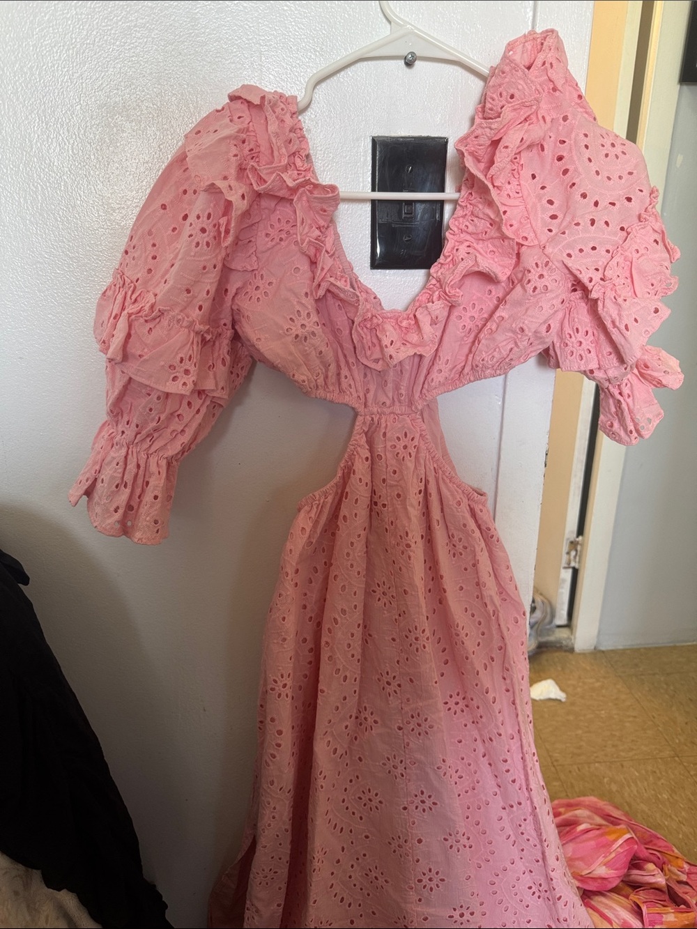 Alamour The Label Pink Eyelet Midi Dress with Ruffle Puff Sleeves